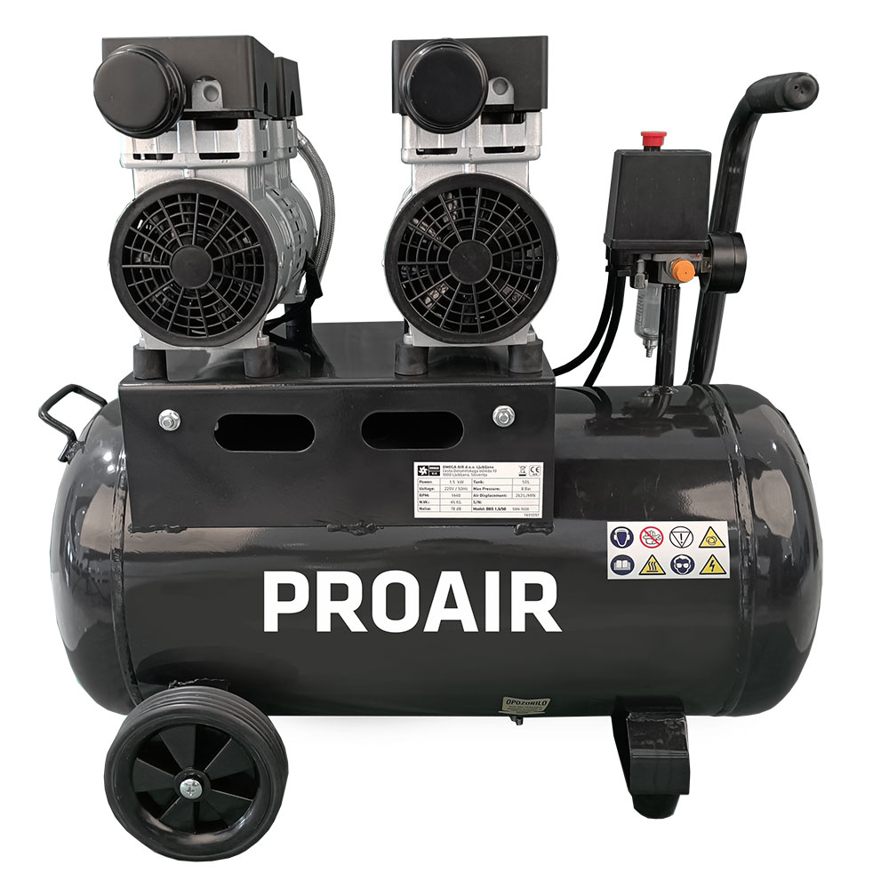 Tihi brezoljni batni kompresor za tišje okolje, kjer je pomembno, da je kompresiran zrak brez nečistoč oziroma olja.