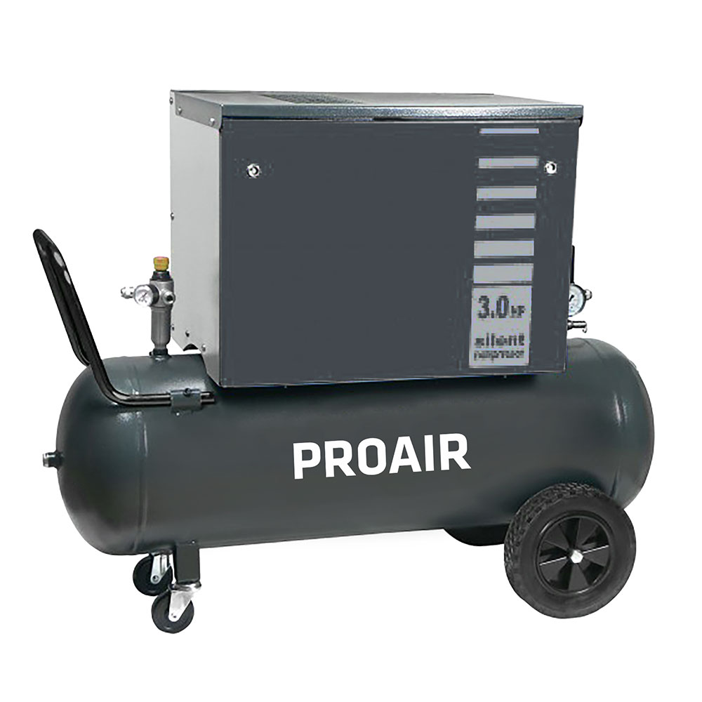 Tihi batni prenosni kompresor v protihrupnem ohišju , ni glasen in je primeren za okolje, kjer mora biti tišje delovanje.